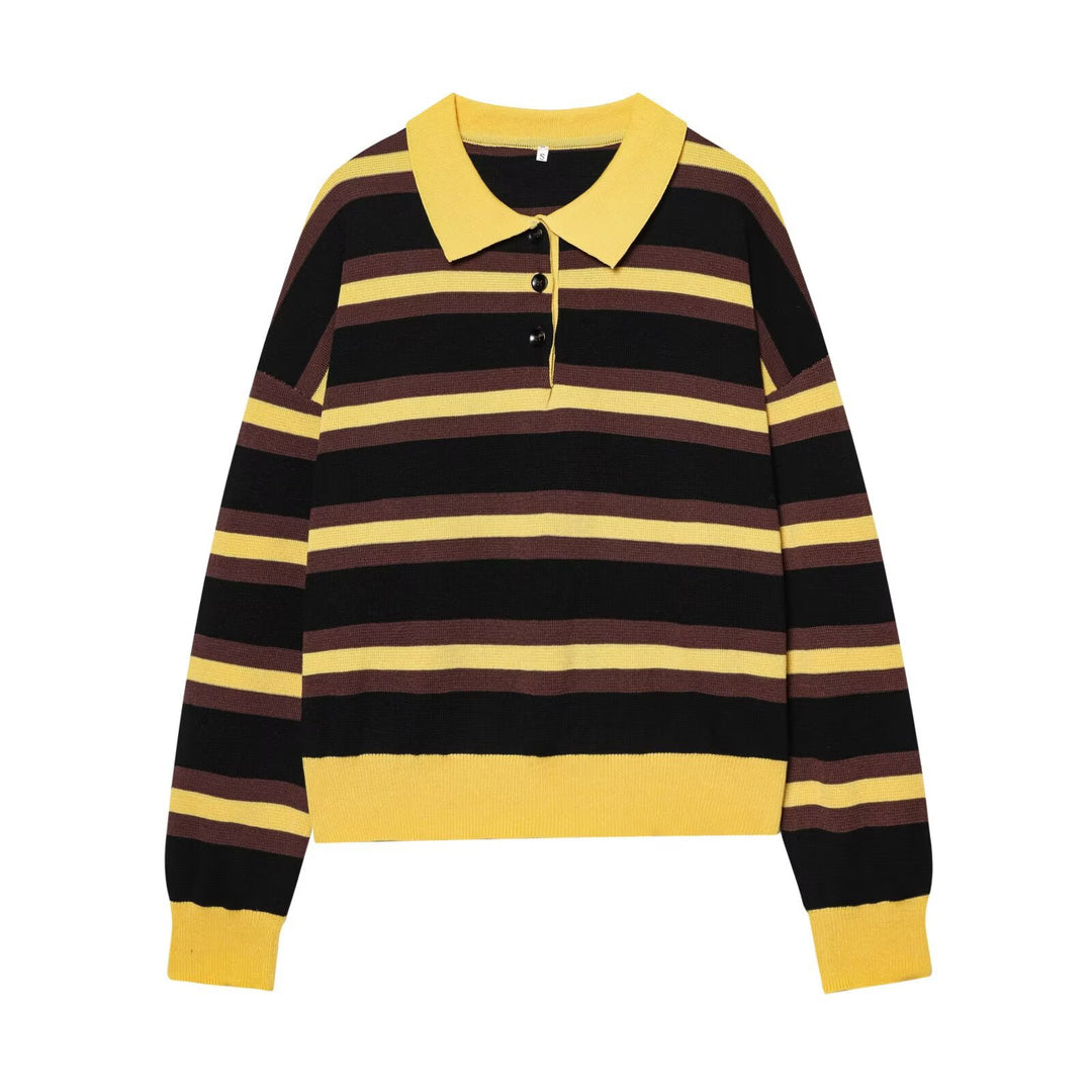 Damen Gestreifter Rugby-Pullover mit Polokragen und Knopfleiste Drune