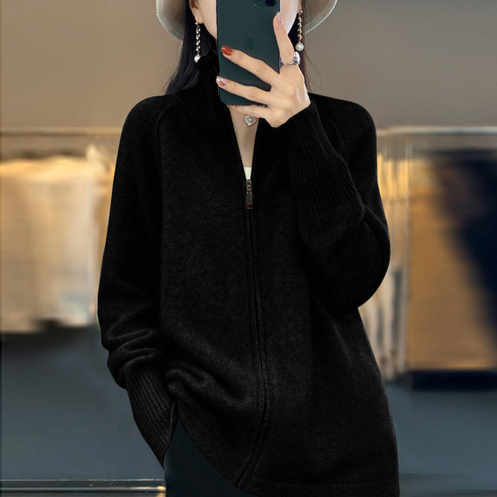 Damen Zip-Cardigan im Kaschmir‑Look mit Stehkragen und gerippten Bündchen Drune
