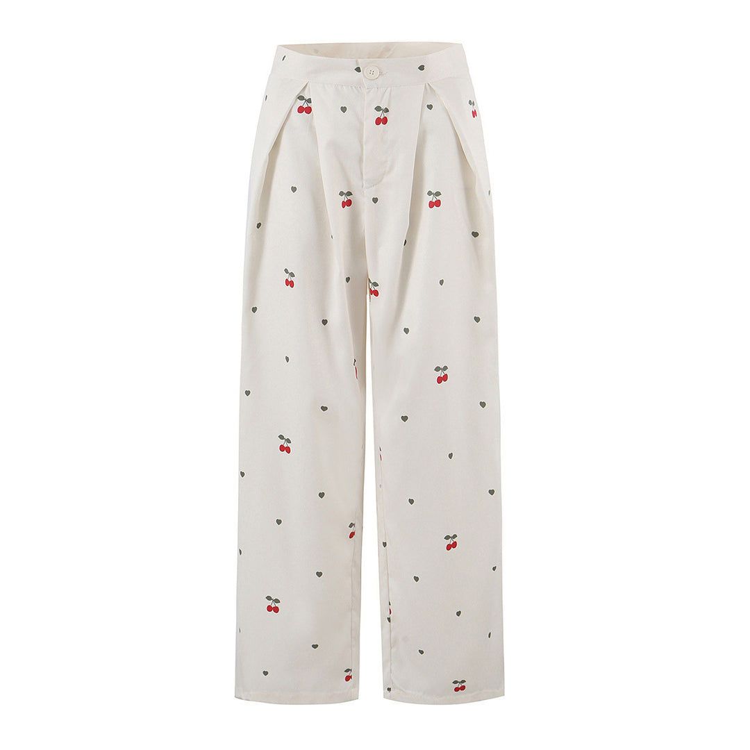 Damen weite High‑Waist Hose mit Kirschenprint und Bundfalten Drune