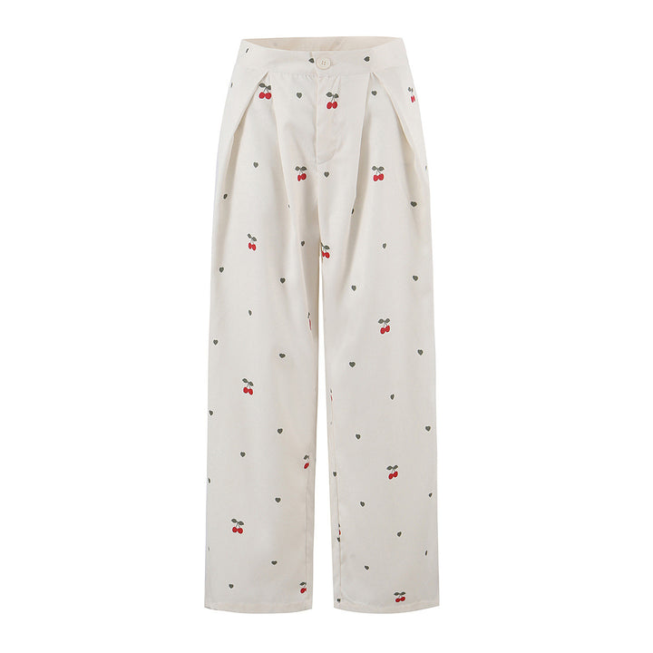 Damen weite High‑Waist Hose mit Kirschenprint und Bundfalten Drune
