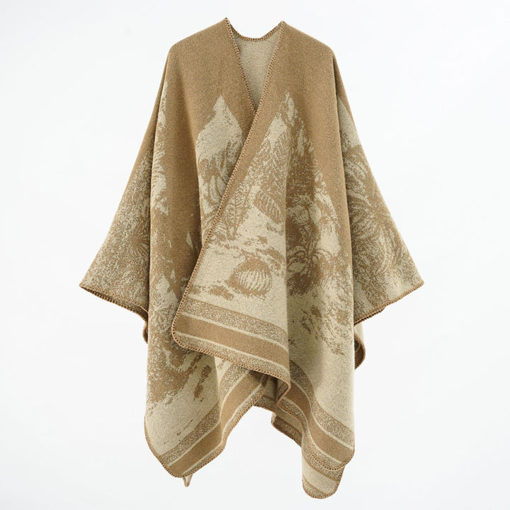 Damen Capeponcho aus Wollmix mit zweifarbiger Jacquardstruktur und Zierstichrand Drune
