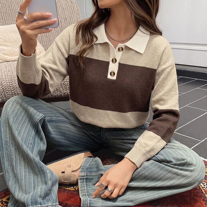 Damen Modischer Pullover mit Streifen und Knopfleiste Drune