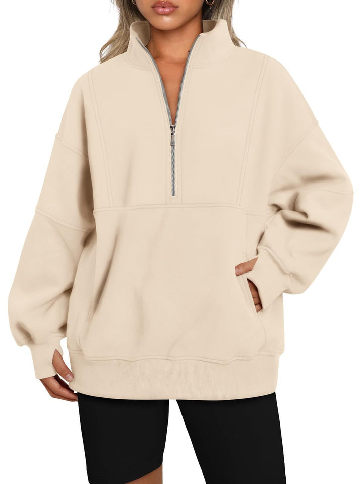 Damen Oversize-Sweatshirt mit halbem Reißverschluss, Stehkragen und Kängurutasche Drune