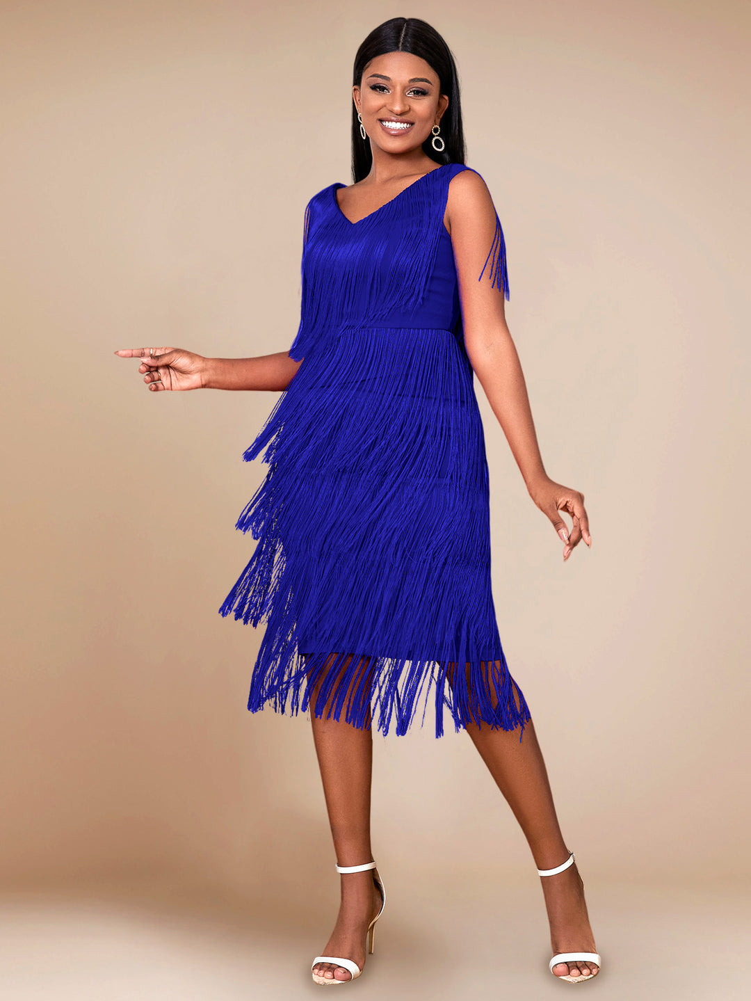 Damen Fransen Kleid mit elegantem V-Ausschnitt und schwingendem Saum Drune