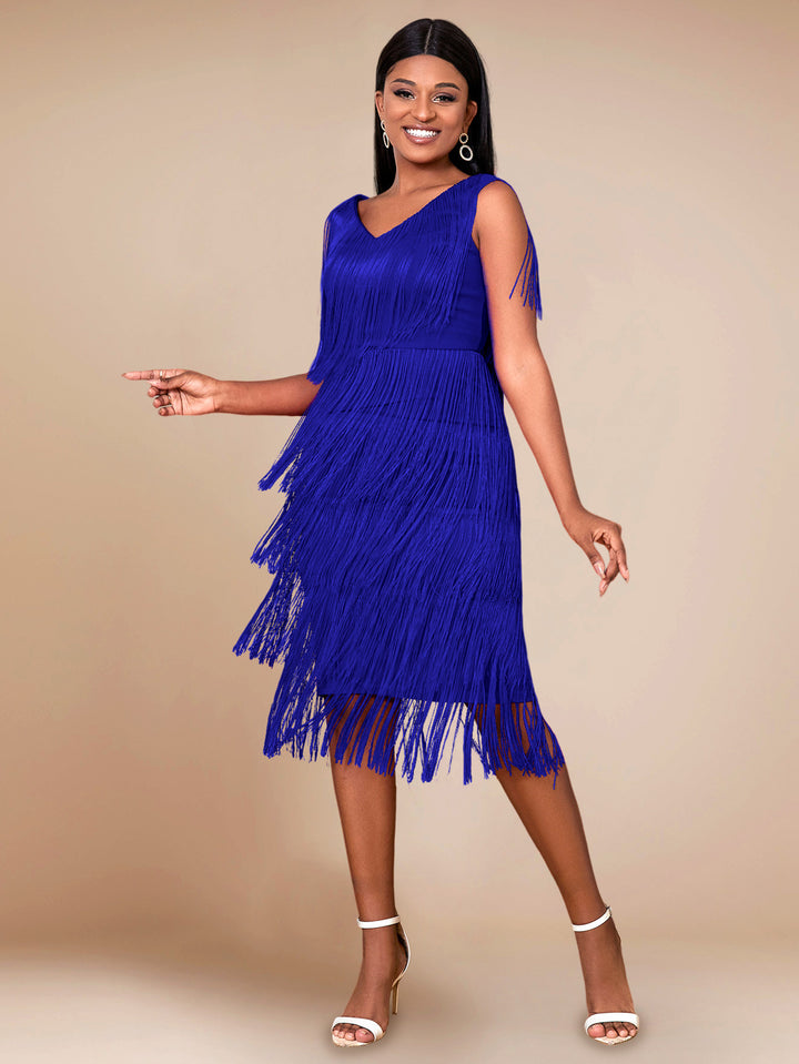 Damen Fransen Kleid mit elegantem V-Ausschnitt und schwingendem Saum Drune