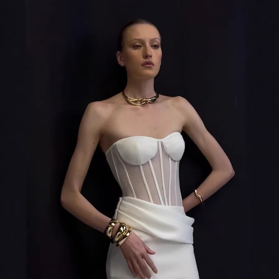 Damen Corsage-Langarmkleid mit elegantem Schnitt und fließendem Rock Drune