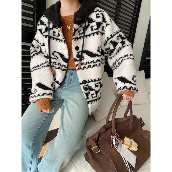 Damen kuschelige Oversized-Jacke mit grafischem Muster und hochwertigen Details Drune