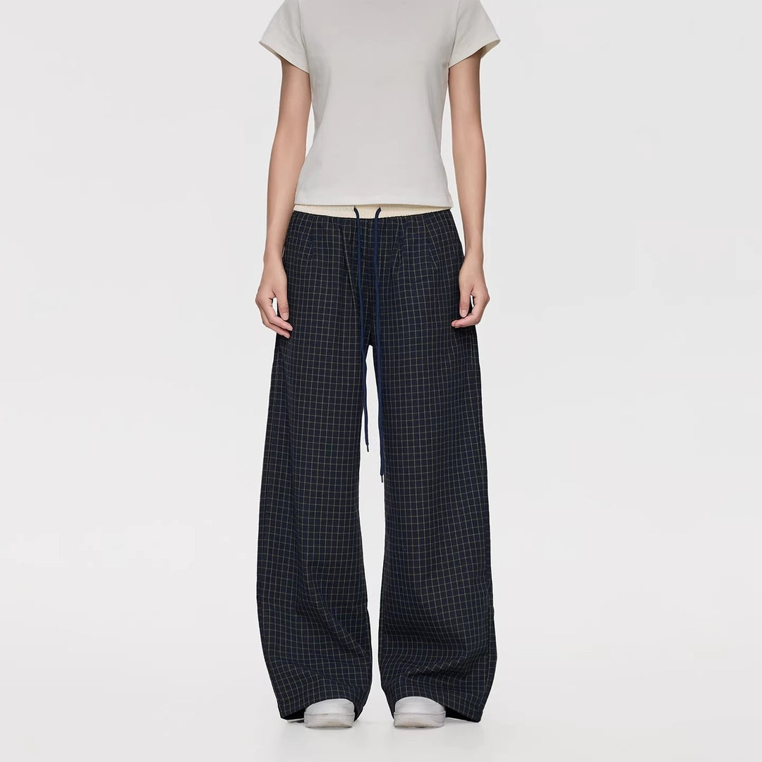 Damen Weite Relaxed-Loungehose mit Tunnelzugbund, Karo-Check & Eingrifftaschen Drune