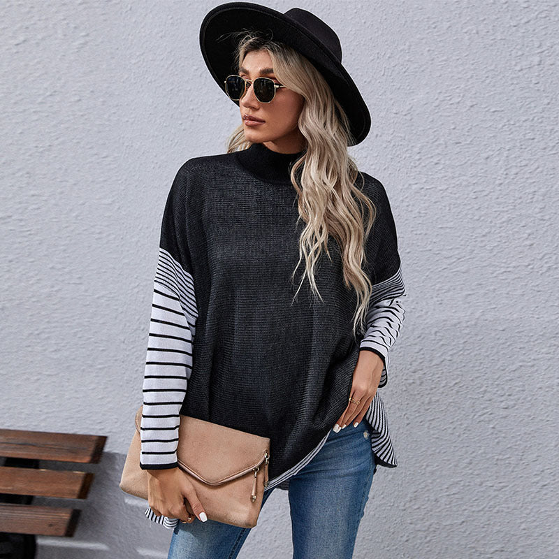 Damen Oversize Strickpullover mit Stehkragen und gestreiften Raglanärmeln Drune