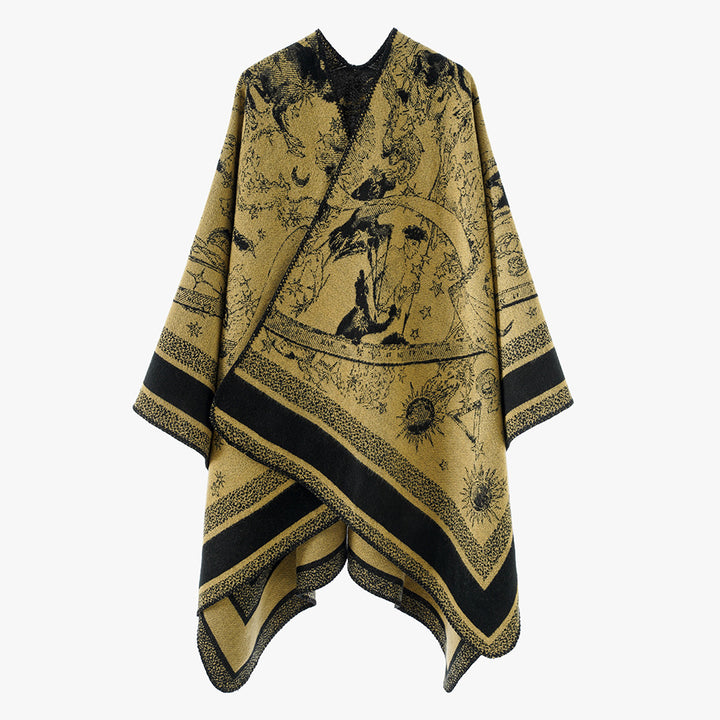 Damen Oversize-Jacquard-Capeponcho aus Wollmix mit V-Ausschnitt und himmlischem Motiv Drune