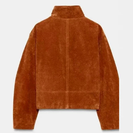 Damen Cropped-Veloursjacke im minimalistischen Design mit Stehkragen, Ziernähten und Reißverschlusstaschen Drune