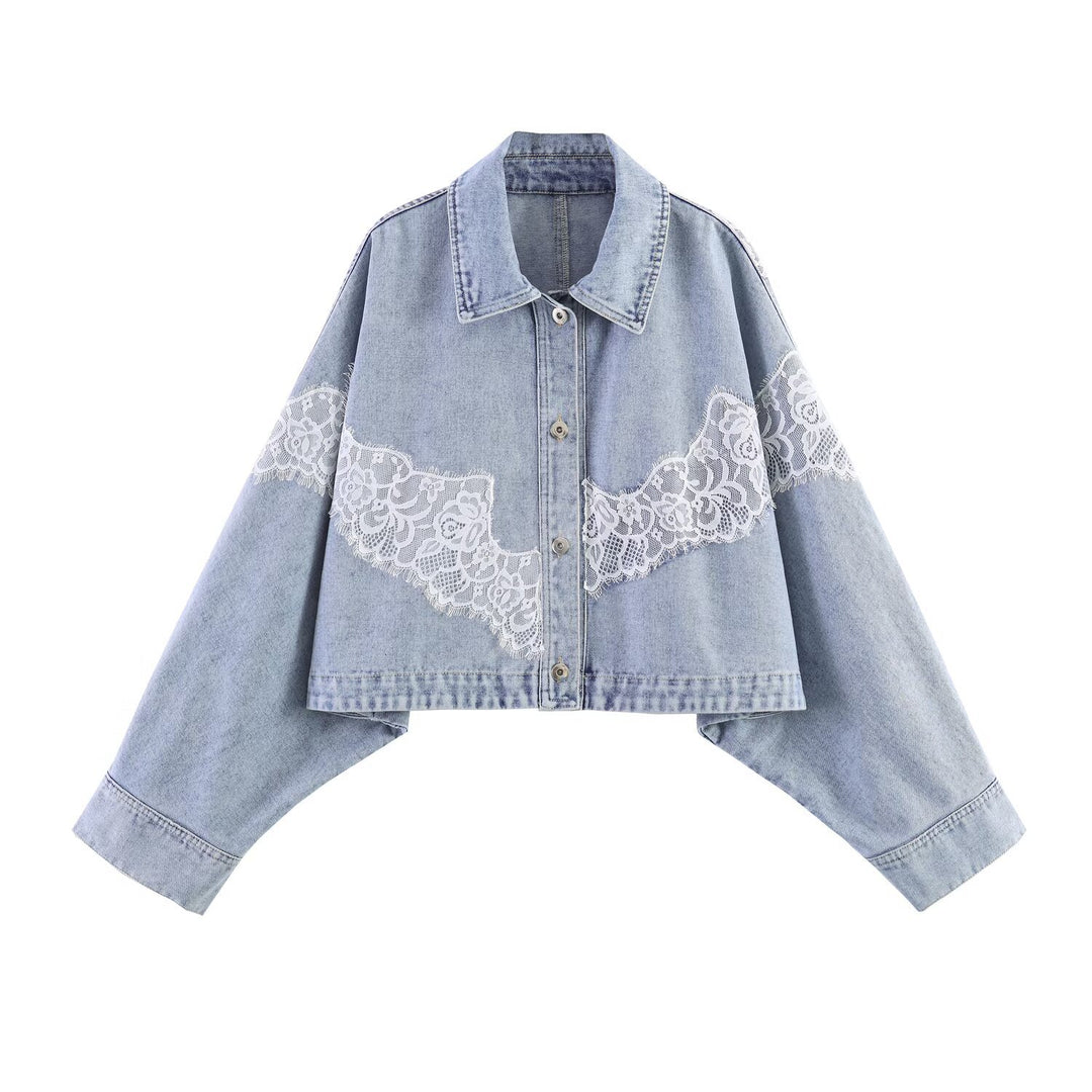 Damen Kurz geschnittene Jeansjacke mit Spitzenapplikation und Oversize-Kimonärmeln Drune
