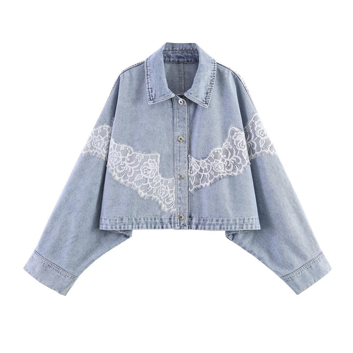 Damen Kurz geschnittene Jeansjacke mit Spitzenapplikation und Oversize-Kimonärmeln Drune
