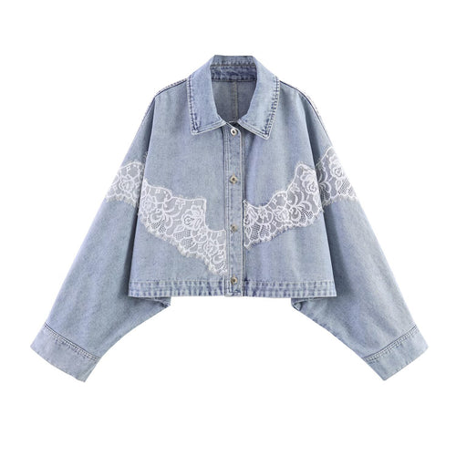 Damen Kurz geschnittene Jeansjacke mit Spitzenapplikation und Oversize-Kimonärmeln Drune