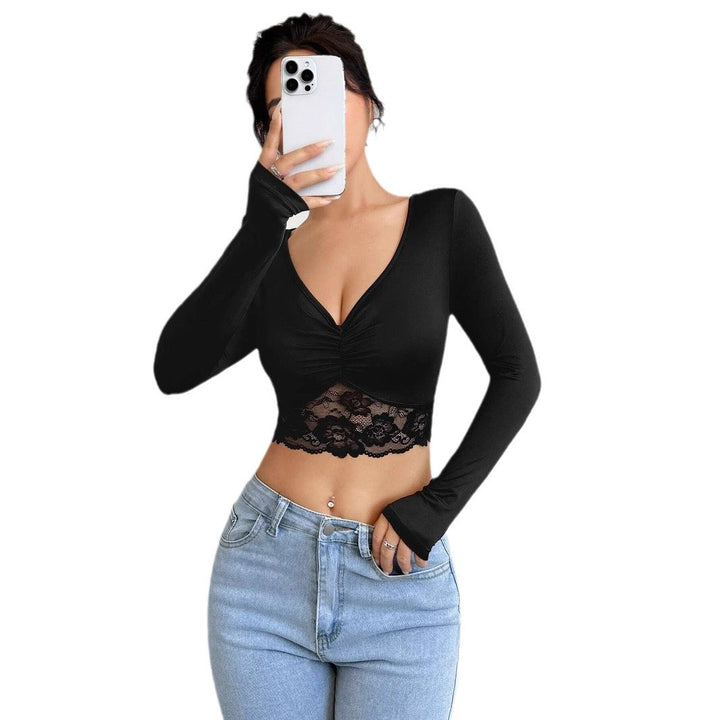 Damen nan tailliertes Langarm-Crop-Top mit tiefem V-Ausschnitt, Raffung und Spitzensaum Drune