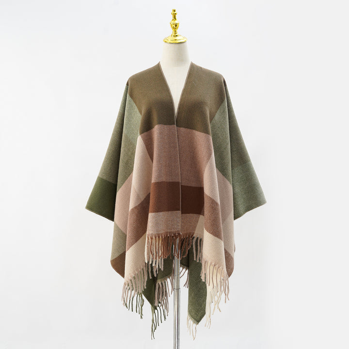 Damen Weiches Oversize-Cape aus Wollmischung mit großem Blockmuster und Fransensaum Drune