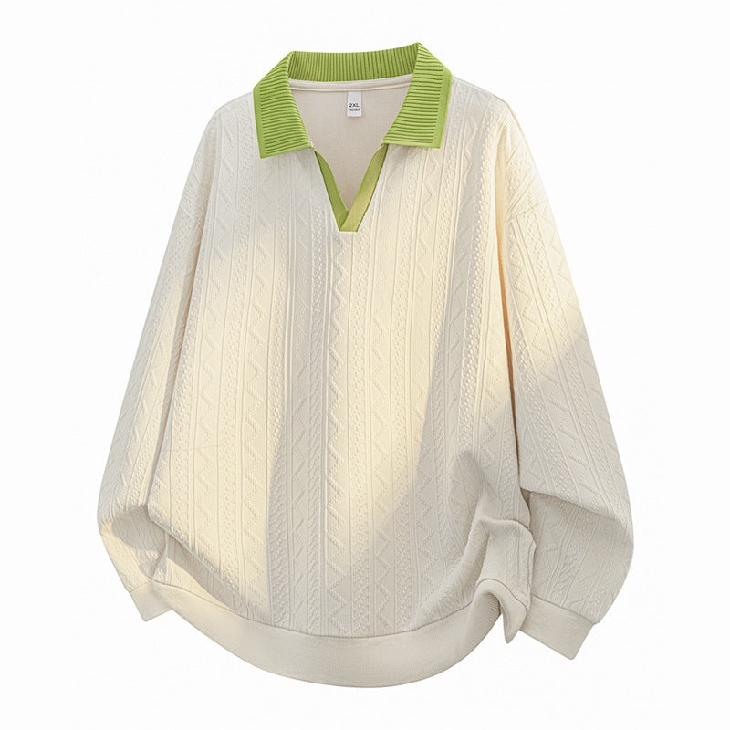 Herren Oversize Strick-Polo mit Strukturstrick, offenem V‑Ausschnitt und geripptem Kragen Drune