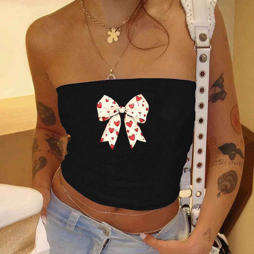 Damen Bandeau-Top mit romantischem Herzmotiv und Schleifendruck Drune