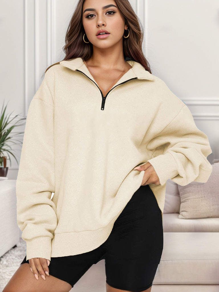 Damen nan übergroßes Sweatshirt mit Halbreißverschluss und Stehkragen Drune