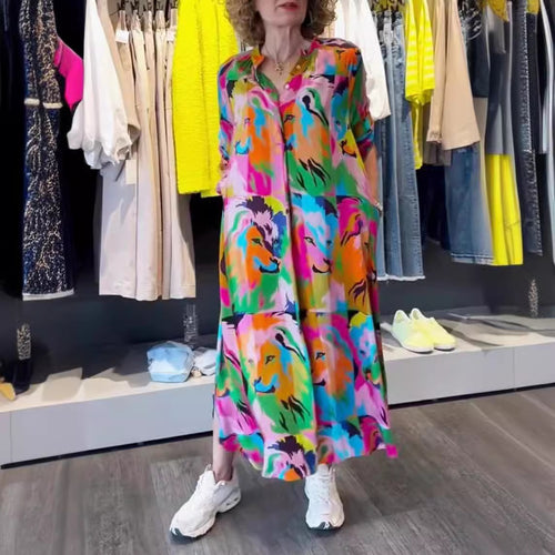 Damen nan Hemdblusen-Maxikleid mit Pop‑Art-Löwenprint, Knopfleiste und Eingrifftaschen Drune