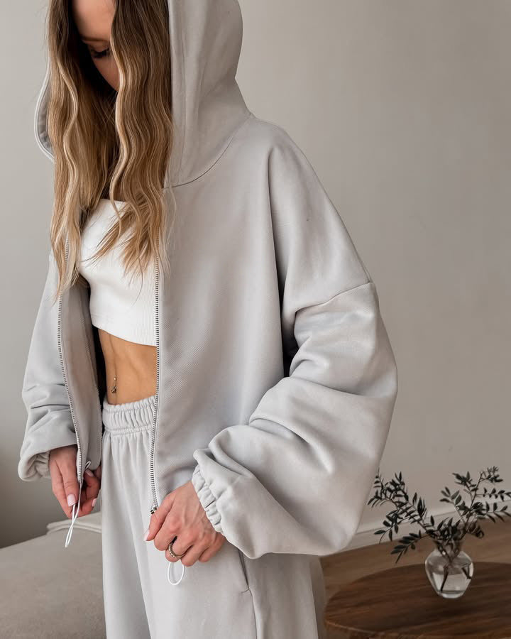 Damen oversized Kapuzenjacke mit Reißverschluss und weiten Jogginghose Lounge-Set Drune