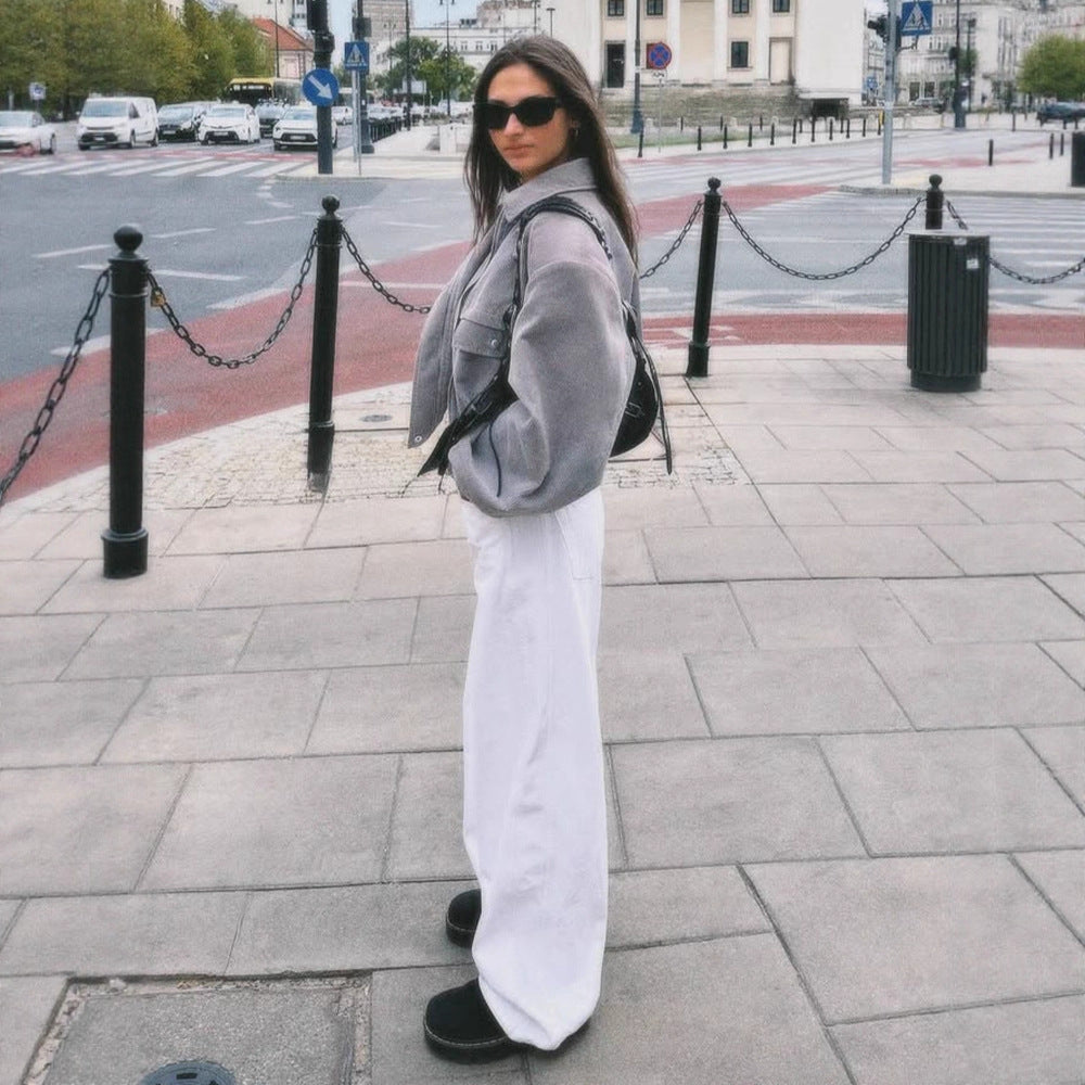 Damen lässige Übergangsjacke mit voluminösen Ärmeln und Druckknopfdetail Drune