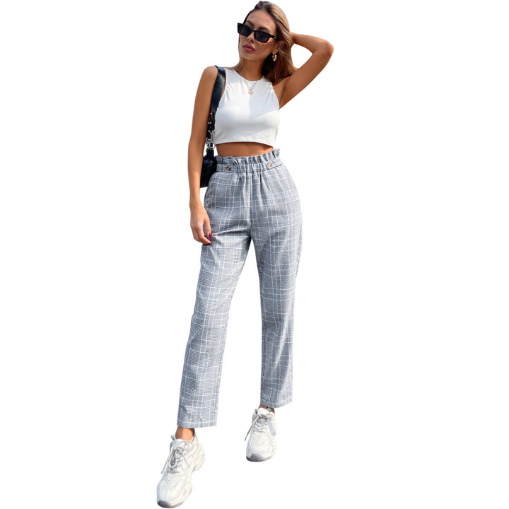 Damen elegante Karohose mit hohem Bund und seitlichen Knopfdetails Drune