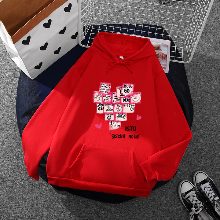 Damen nan Kapuzenpullover mit Sticky-Note Grafik, Kängurutasche und weichem Fleecefutter Drune