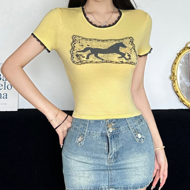 Damen Crop-T-Shirt mit raffinierter Spitzenverzierung und grafischem Print Drune