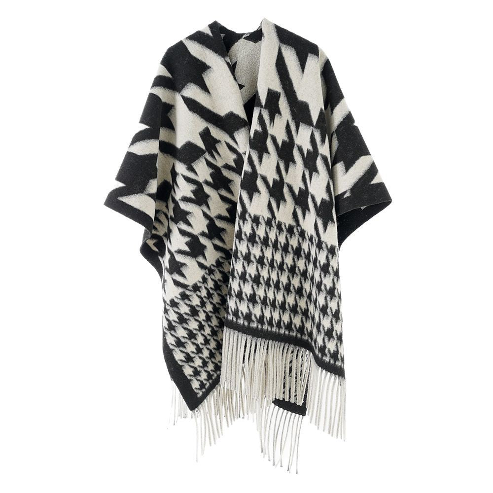 Damen Wollmix-Poncho mit Hahnentritt-Muster und Fransensaum Drune