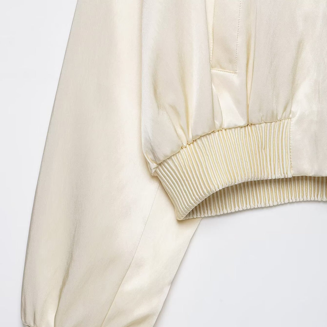 Damen Kurzer Satin-Bomber mit Oversize-Ballonärmeln und Rippkragen Drune