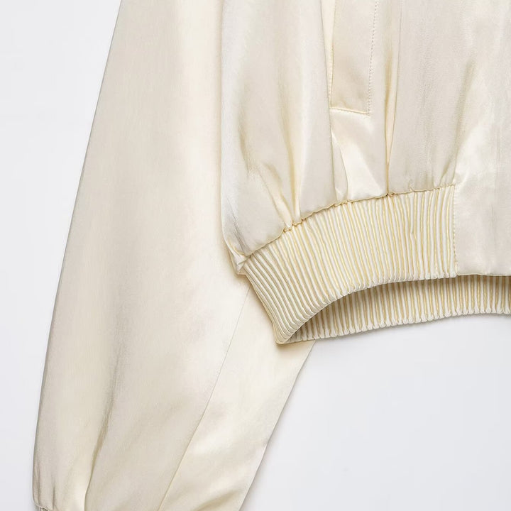 Damen Kurzer Satin-Bomber mit Oversize-Ballonärmeln und Rippkragen Drune