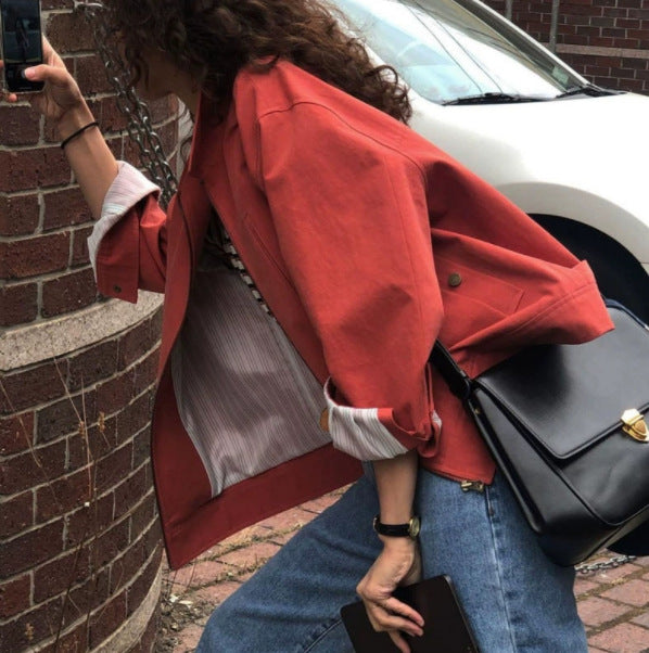 Damen Kurz geschnittene Oversize-Canvasjacke mit Kontrastfutter und Umschlagärmeln Drune