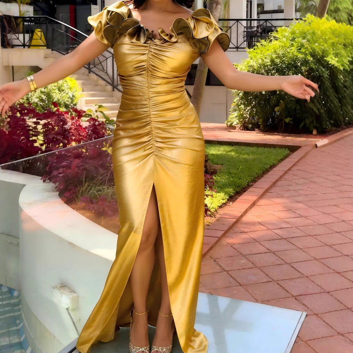 Damen glamouröses Abendkleid mit Rüschen und hohem Schlitz Drune