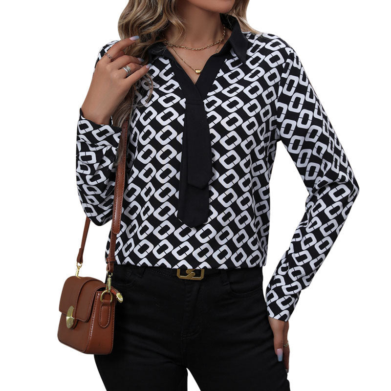 Damen Gemusterte Chiffon-Bluse mit Krawatten-Detail und geometrischem Print Drune