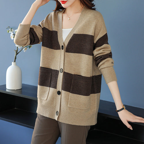 Damen lässige Strickjacke mit breiten Streifen und aufgesetzten Taschen Drune