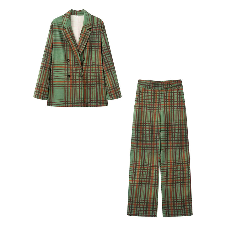Damen nan eleganter Zweiteiler mit oversized Doppelreiher-Blazer und Highwaist Weitbein-Hose im Karo-Design Drune