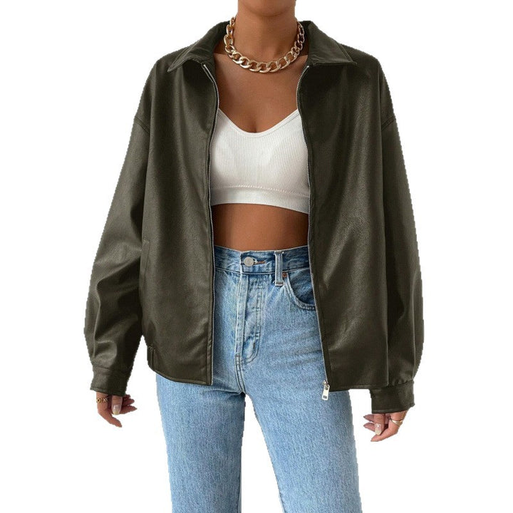 Damen Oversized Kunstleder-Blouson mit Reißverschluss und Hemdkragen Drune