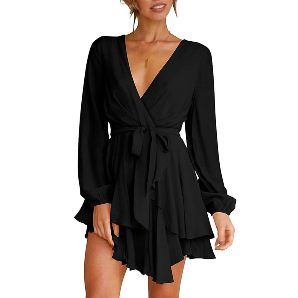 Damen gerafftes Wickelkleid mit tiefem V-Ausschnitt stufigem Volantrock und Bindegürtel Drune
