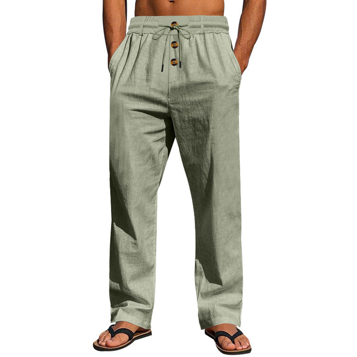 Herren Bequeme Leinenhose mit elastischem Bund und Knopfdetails Drune