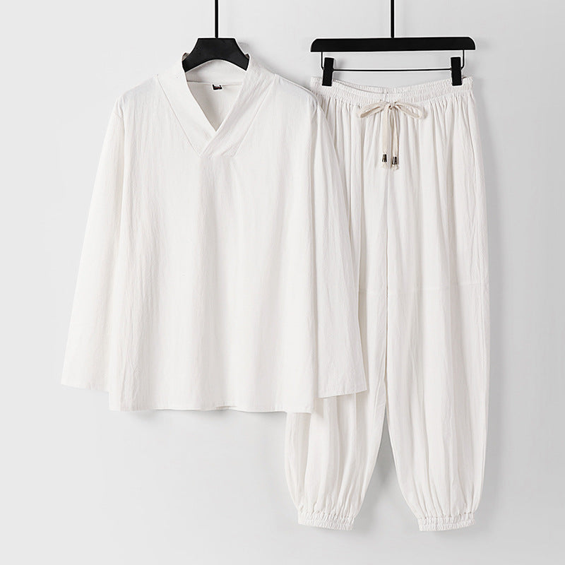 Herren Lockeres Leinen-Loungewear-Set mit V-Ausschnitt elastischem Bund und gerafften Knöcheln Drune
