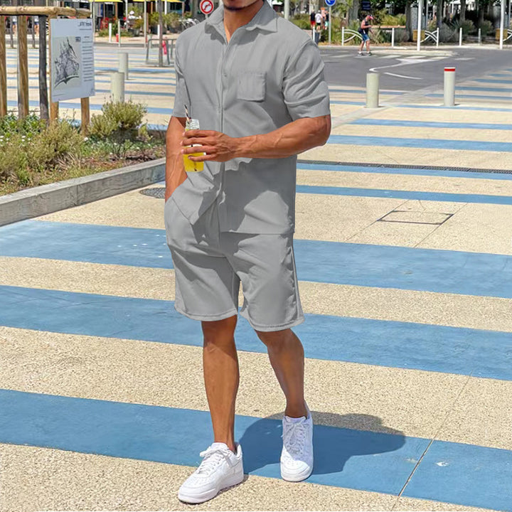 Herren nan legeres Resort-Zweiteiler mit offenem Kurzarm-Hemd, Brusttasche und elastischer Bermuda Drune