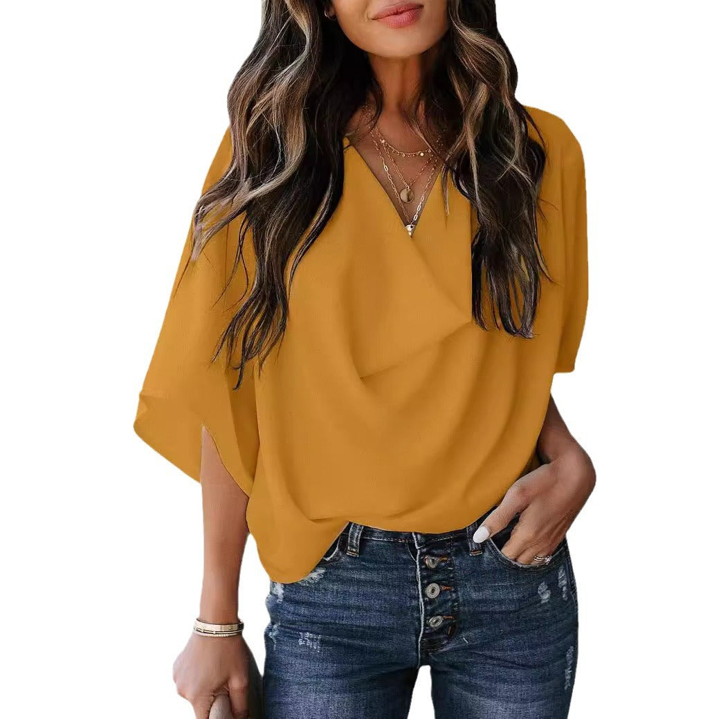 Damen elegante Bluse mit drapiertem V-Ausschnitt und weit geschnittenen Ärmeln Drune