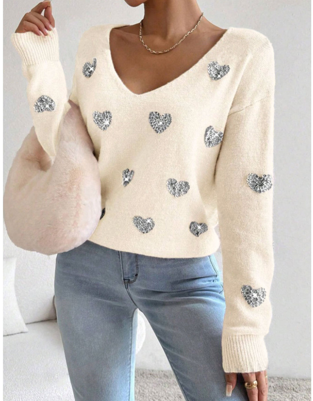 Damen Oversized Pullover mit tiefem V-Ausschnitt und Herzmotiv Drune