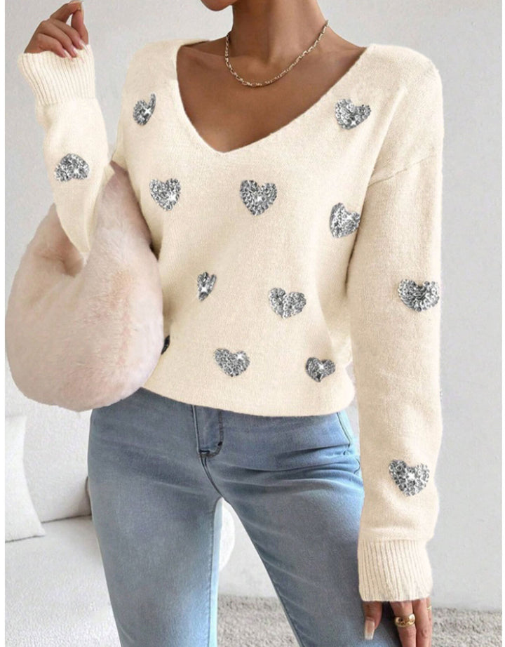 Damen Oversized Pullover mit tiefem V-Ausschnitt und Herzmotiv Drune