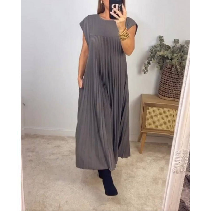Damen Elegantes plissiertes Maxikleid mit praktischen Taschen Drune