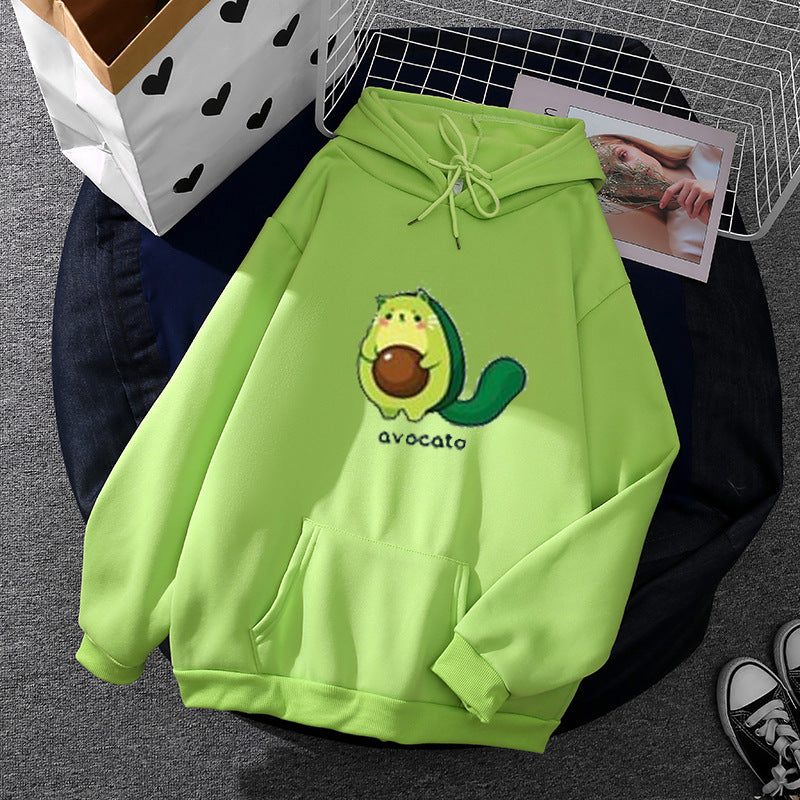 Damen nan Oversize-Fleecehoodie mit weichem Innenfutter, Kängurutasche und Avocato-Cartoonmotiv Drune