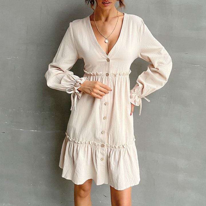 Damen Button-Midikleid mit V-Ausschnitt, Rüschen-Taille und Bindärmeln Drune