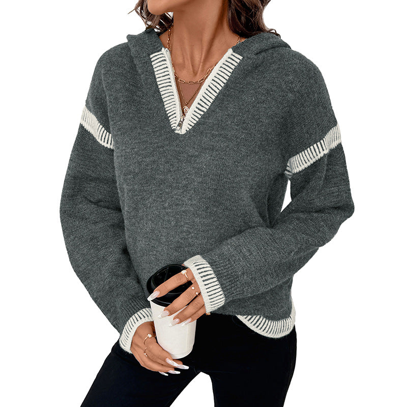Damen Modischer Pullover mit Reißverschluss und Kapuze Drune