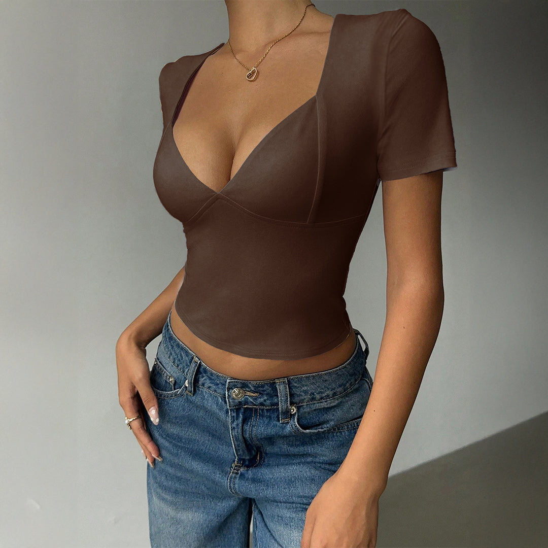 Damen Oberteil mit tiefem V-Ausschnitt und figurbetonter Silhouette Drune
